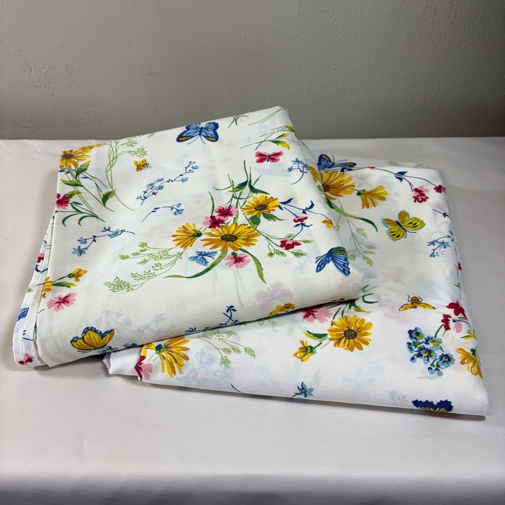 Cannon Dura-Soft Queen Flat Sheets Set of 2 Vintage Floral Butterfly White Multi